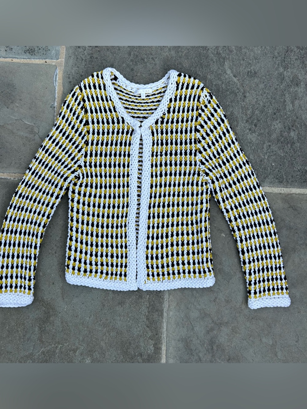 Paule Ka Textured Cotton Open Front Cardigan S White Black Yellow